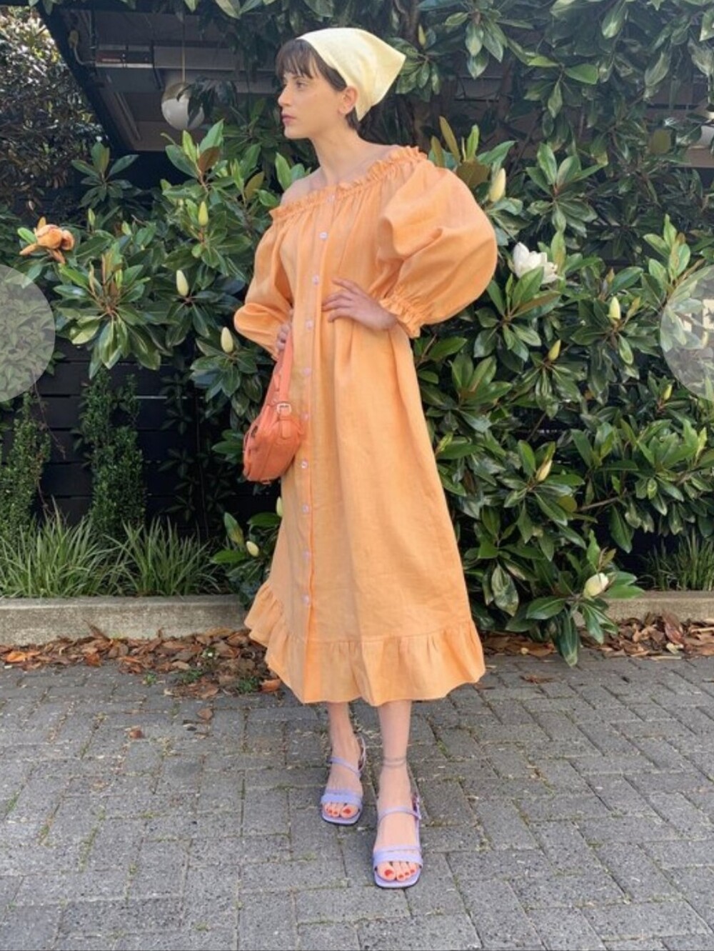 Sleeper Orange Puff-Sleeve Button Front Midi Dress Sz 1